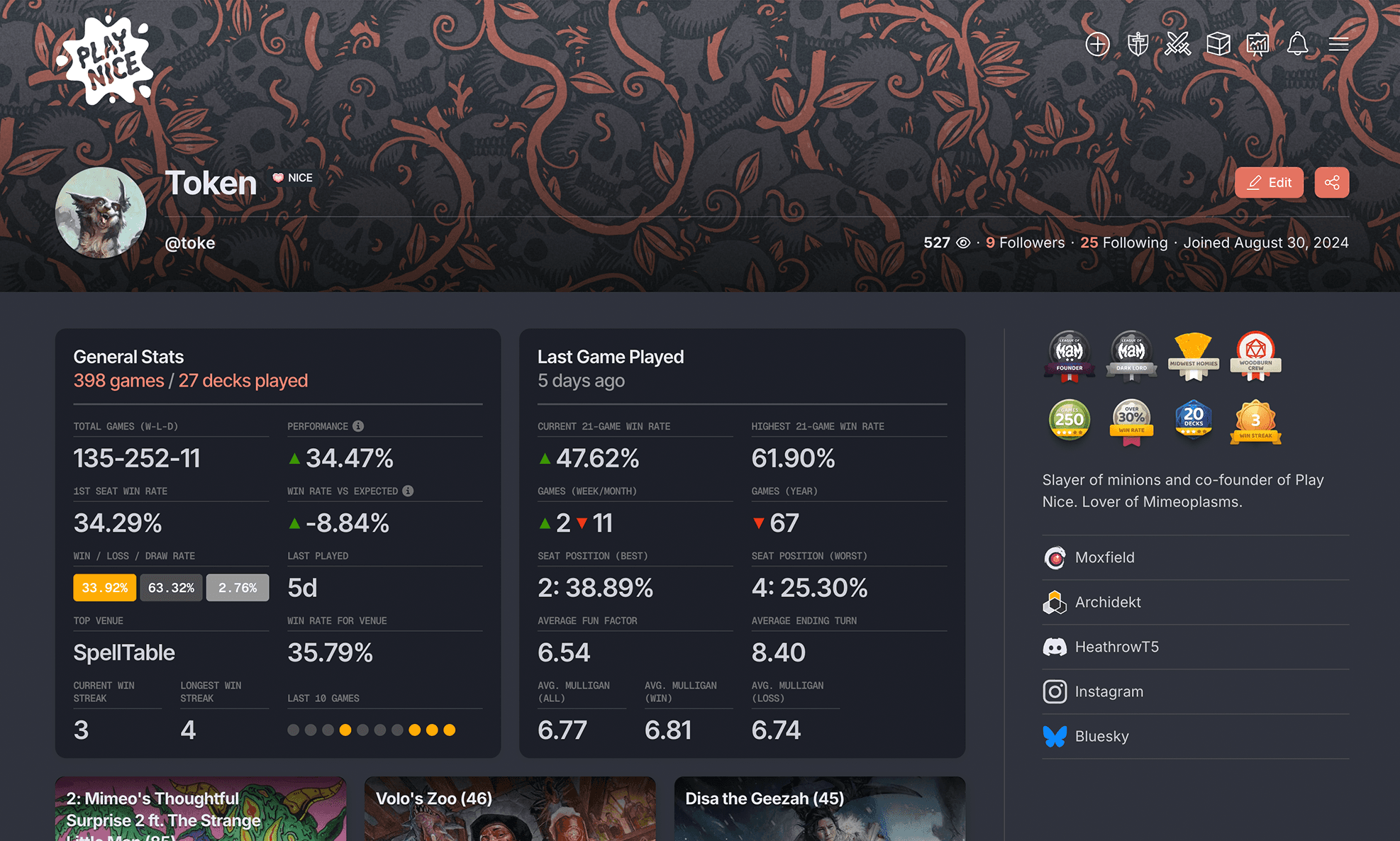 Tableau de bord Play Nice affichant les statistiques et analyses des parties de Commander